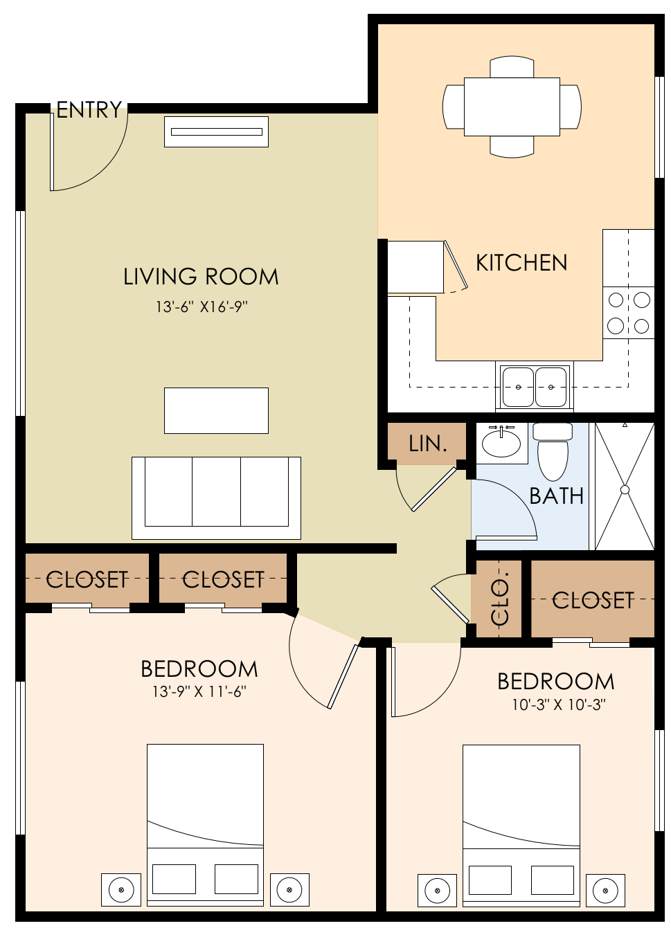 Floor plan for 2 beds, 1 bath, 780 sqft